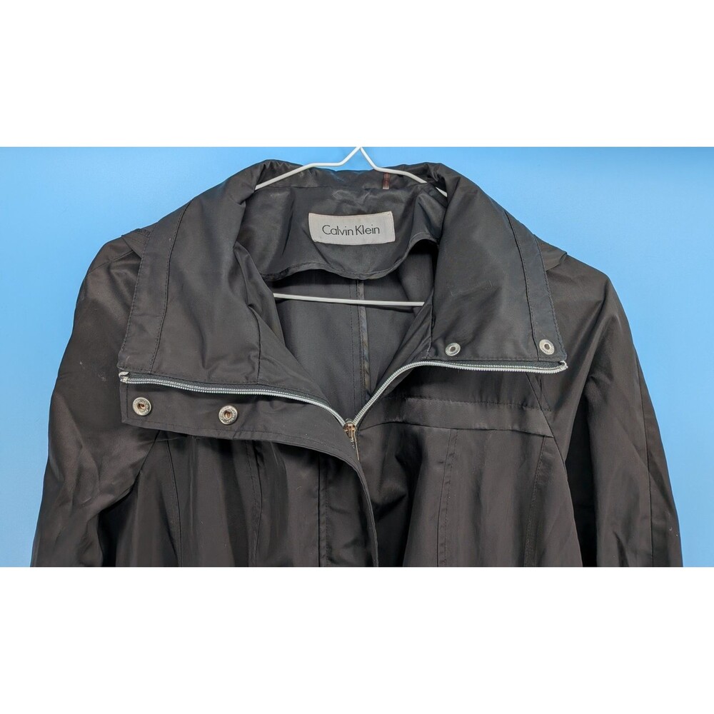 Calvin Klein Womens Black Hooded Rain Coat Trench Jacket Lightweight Size M